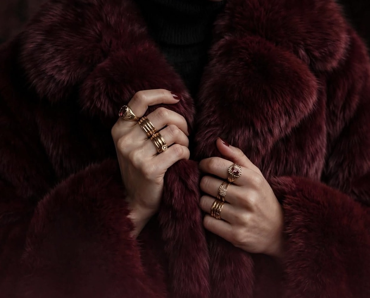 Moody editorial photo: burgundy coat and gold rings