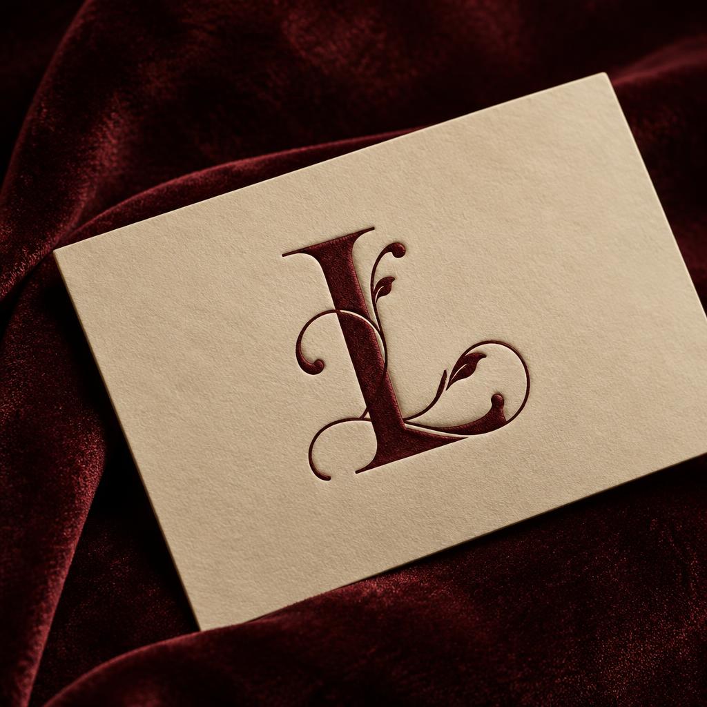 Cream business card with embossed serif logo on burgundy velvet