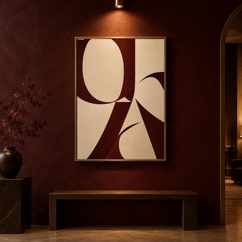 Elegant cream and burgundy poster on a dark wall